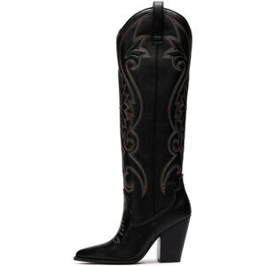 Women Black Embroidered Pointed Toe Knee High Western Chunky Heels Cowgirl Boots